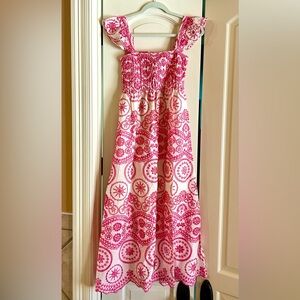 NWOT Sunday Up pink embroidered midi dress eyelet ruffle feminine cream smocked